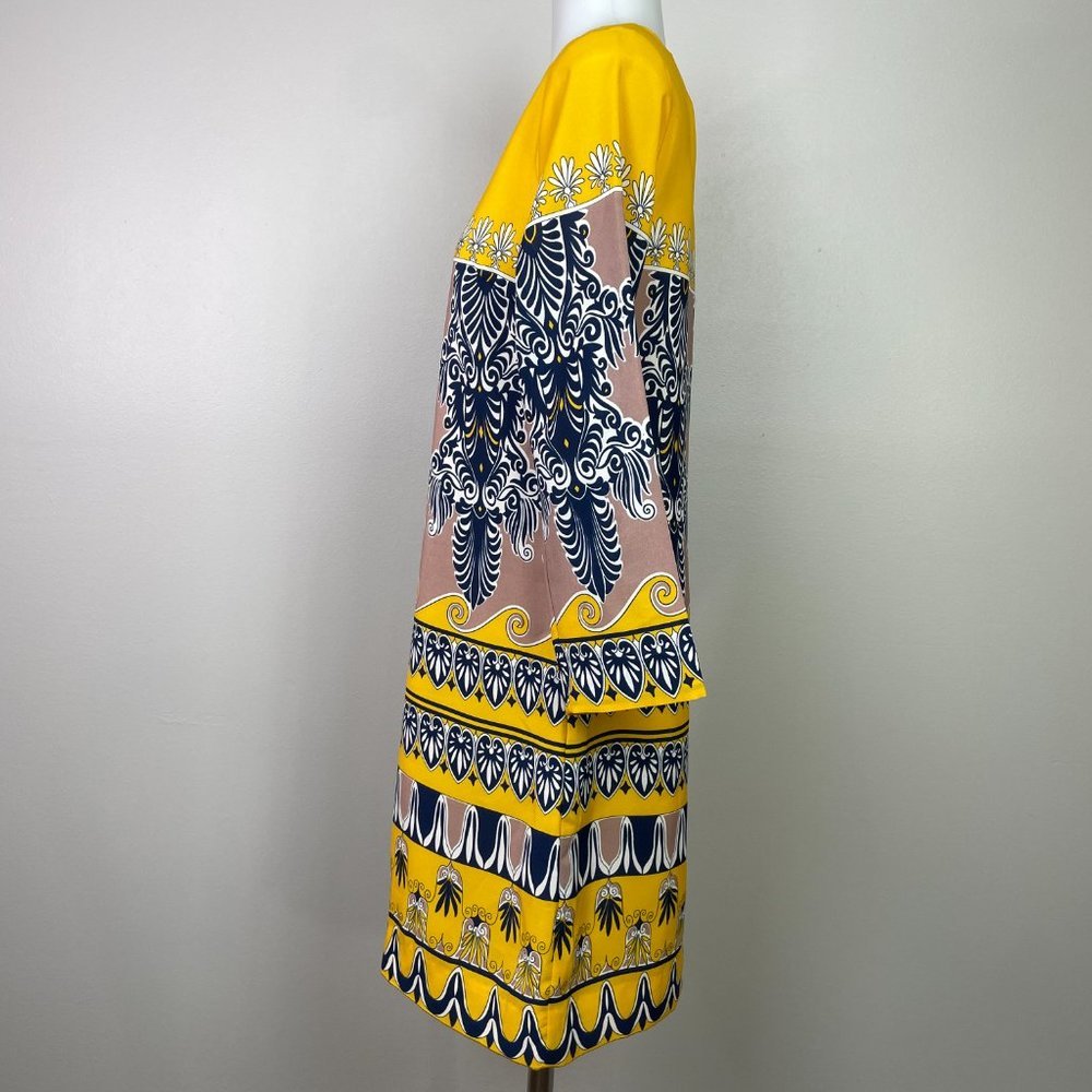 J. Crew Dress 0 Yellow Navy Blue 3/4 Sleeve Gallery Printed Shift Women's - Picture 4 of 12